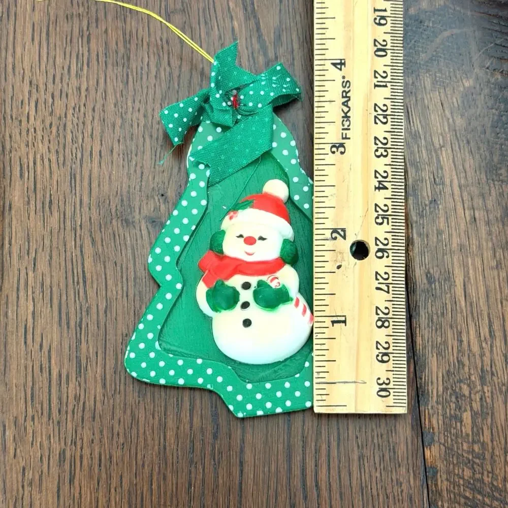 Vintage Christmas Ornaments –Raised Santa & Frosty on Green Polka Dot Background